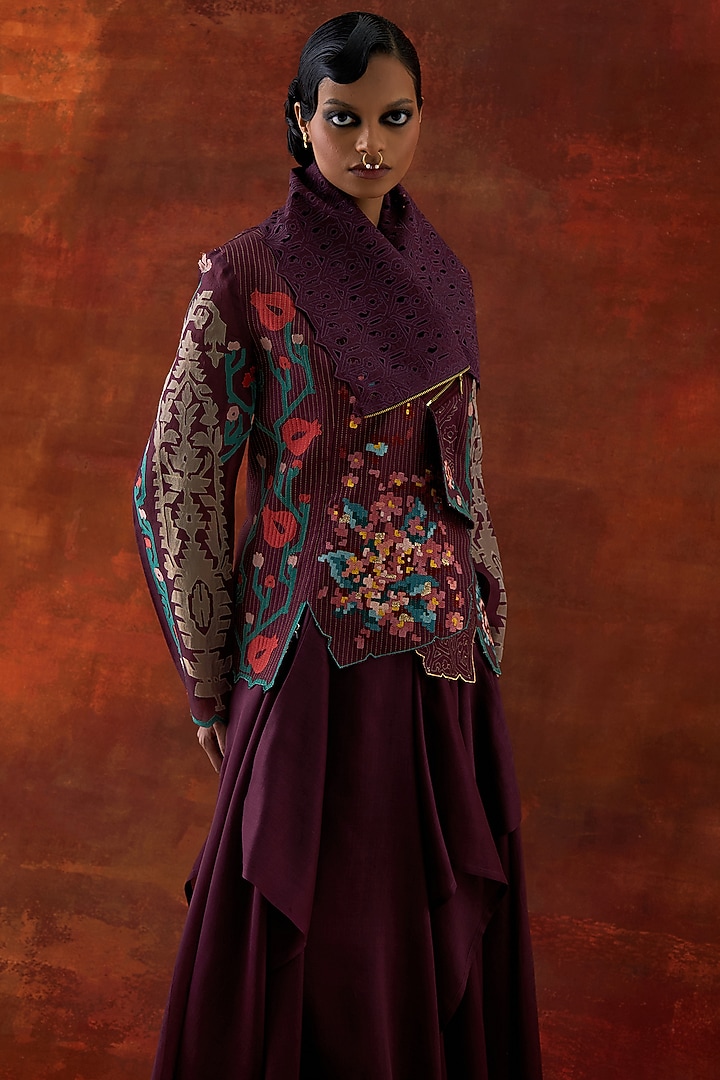Wine Silk Chanderi Draped Jacket Set by Jajaabor at Pernia's Pop Up Shop