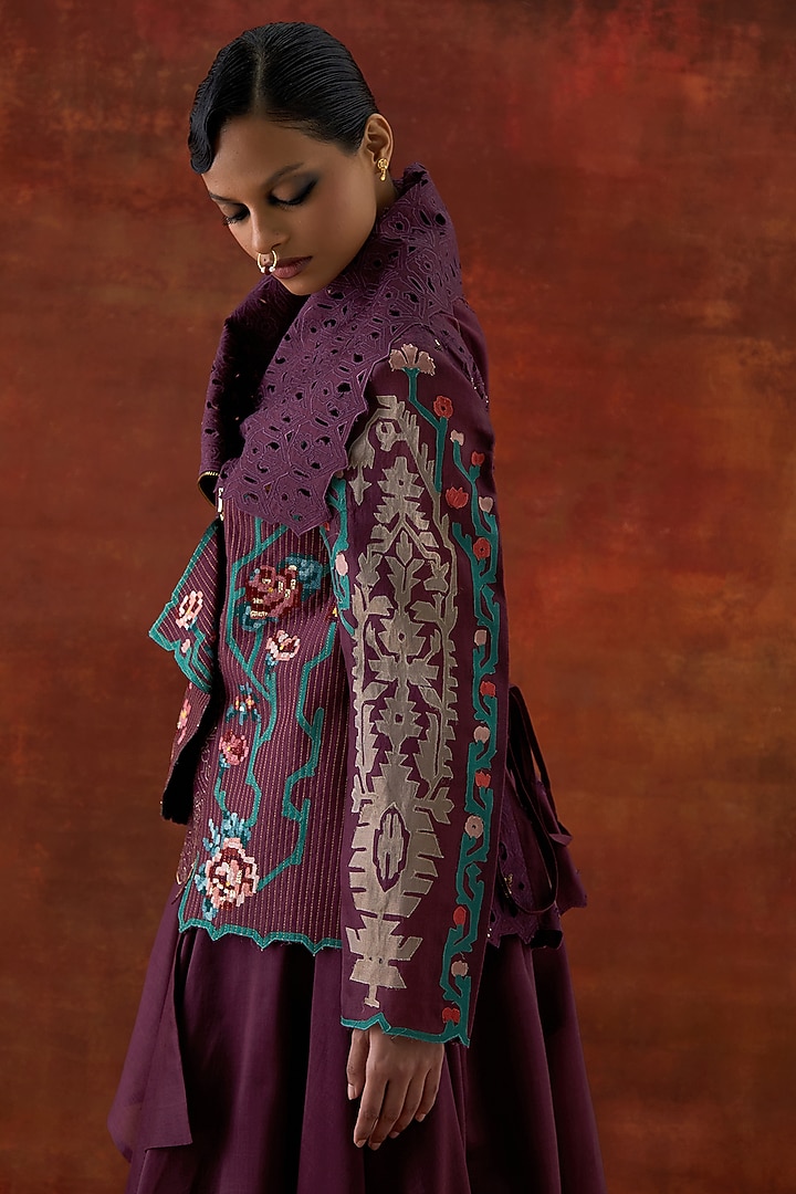 Wine Silk Chanderi Draped Jacket Set by Jajaabor at Pernia's Pop Up Shop