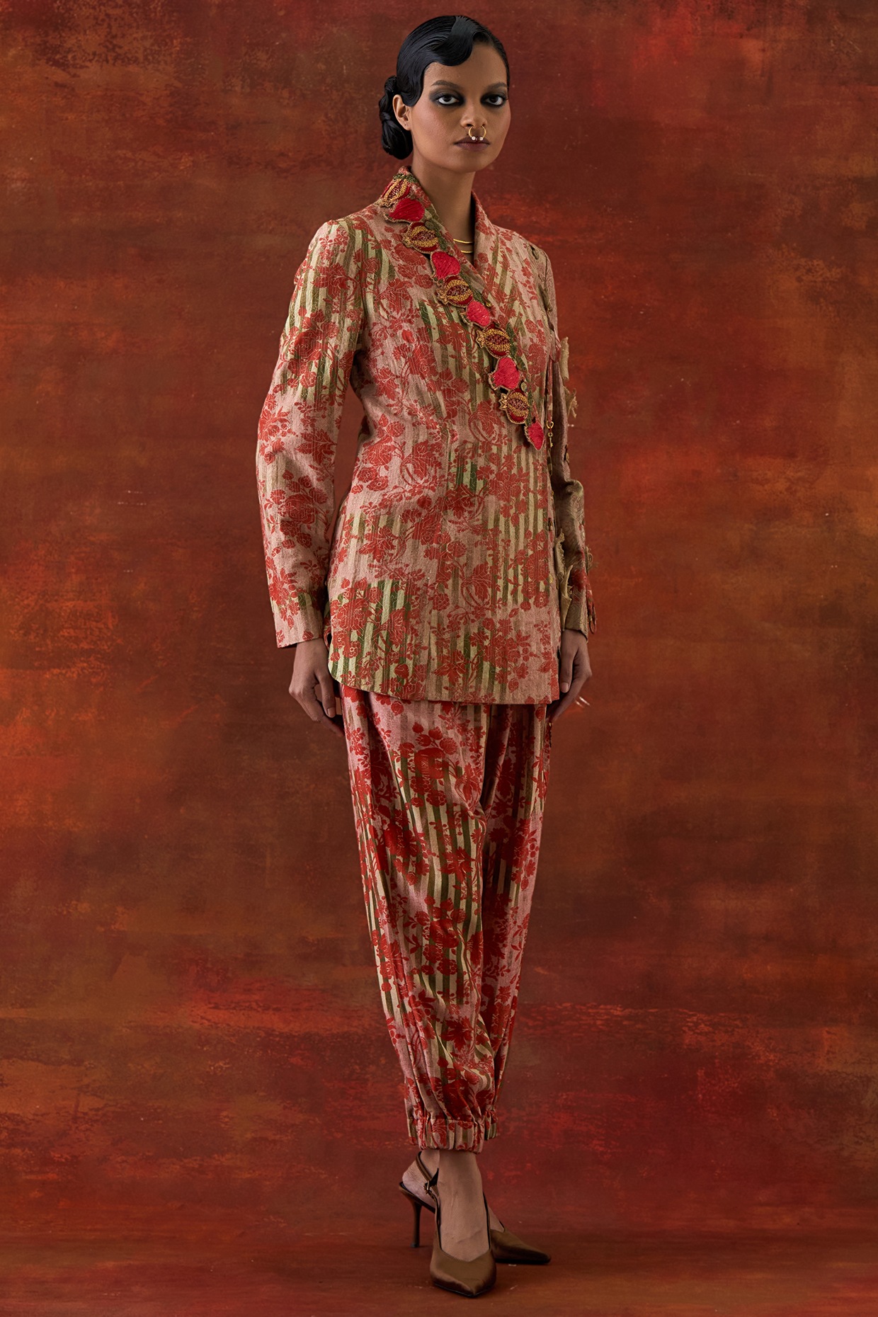 Jajaabor Teal Silk Chanderi Embroidered Jacket Set