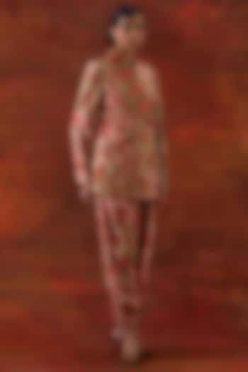 Teal Silk Chanderi Embroidered Jacket Set by Jajaabor at Pernia's Pop Up Shop
