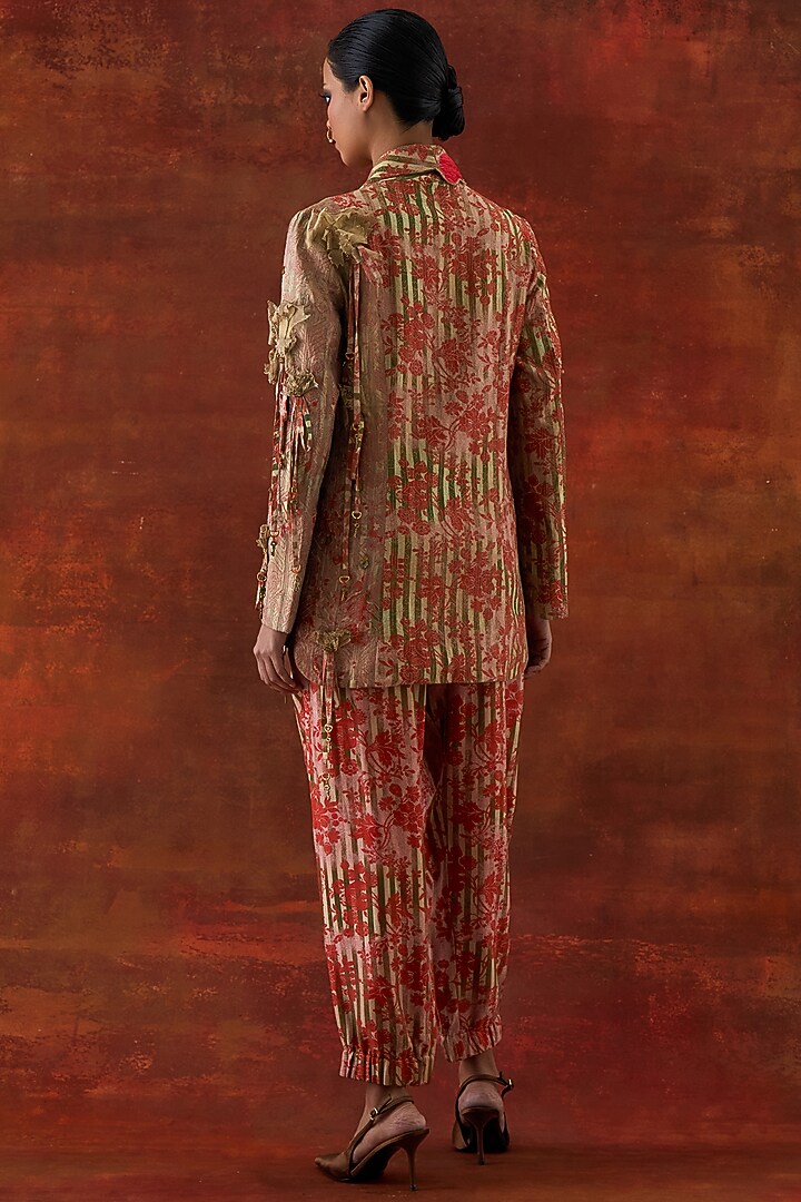 Teal Silk Chanderi Embroidered Jacket Set by Jajaabor at Pernia's Pop Up Shop