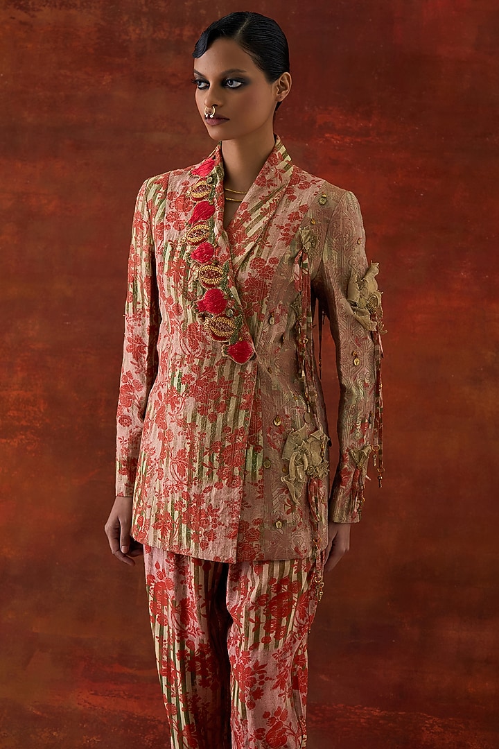 Teal Silk Chanderi Embroidered Jacket Set by Jajaabor at Pernia's Pop Up Shop