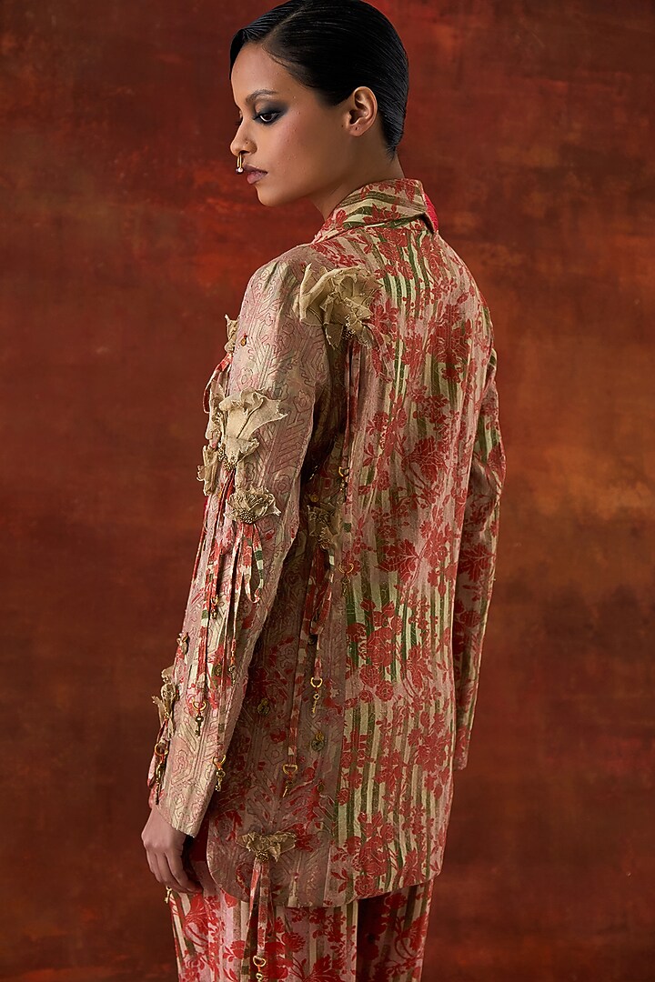 Teal Silk Chanderi Embroidered Jacket Set by Jajaabor at Pernia's Pop Up Shop