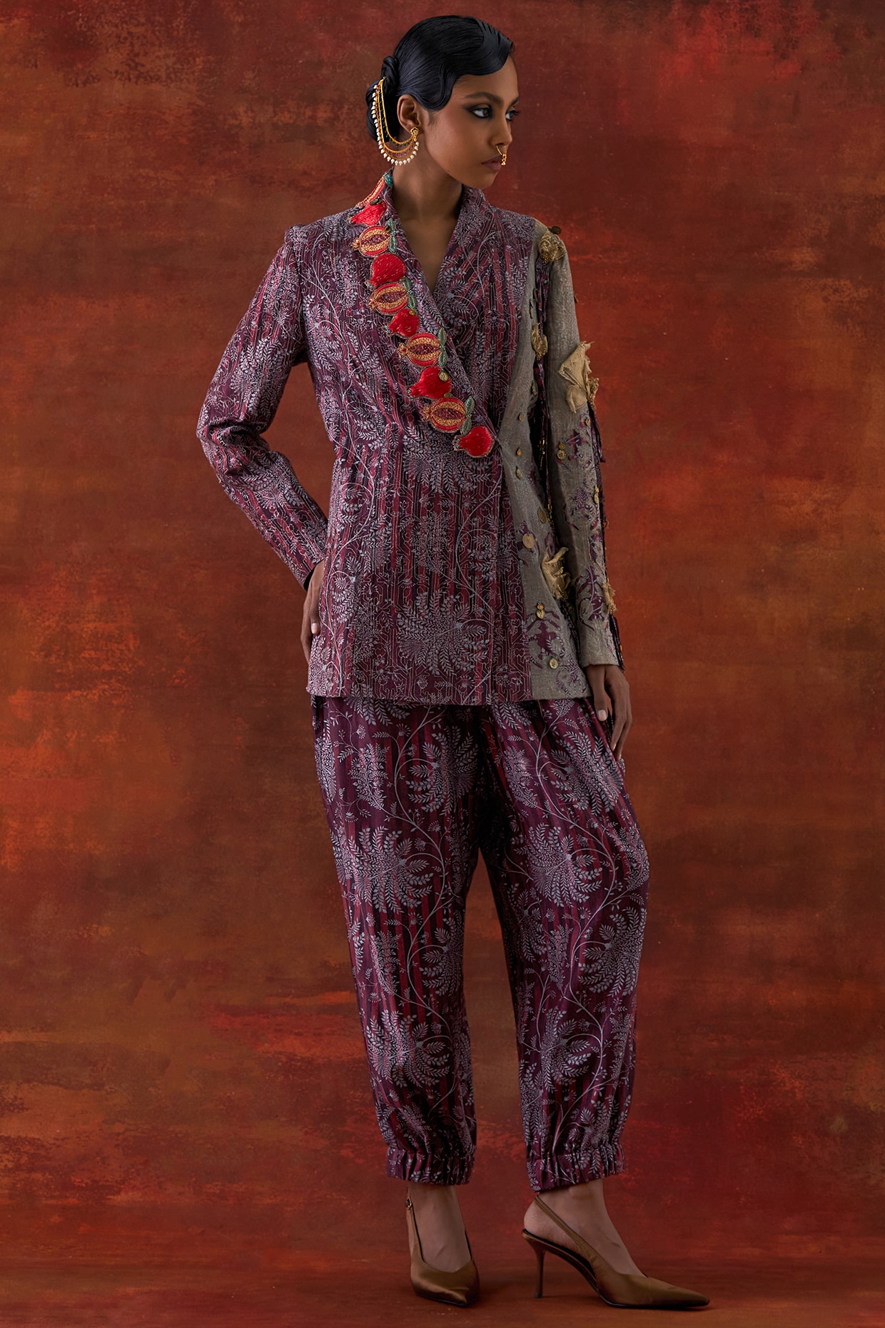 Jajaabor Wine Silk Chanderi Embroidered Jacket Set
