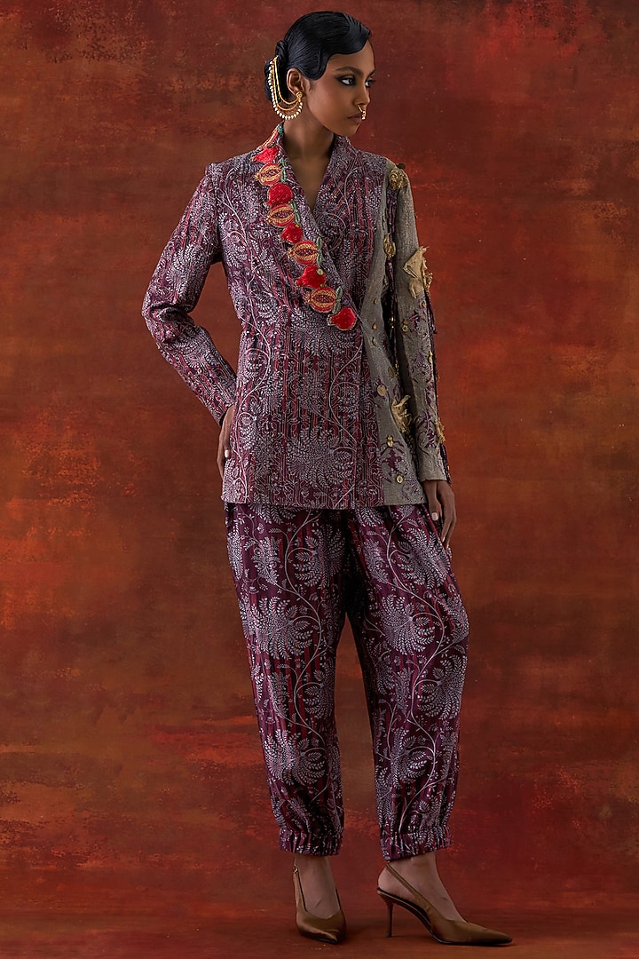 Wine Silk Chanderi Embroidered Jacket Set by Jajaabor at Pernia's Pop Up Shop