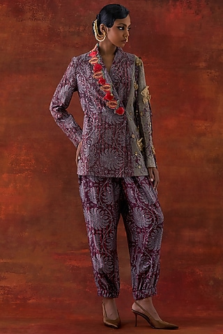 Wine Silk Chanderi Embroidered Jacket Set by Jajaabor