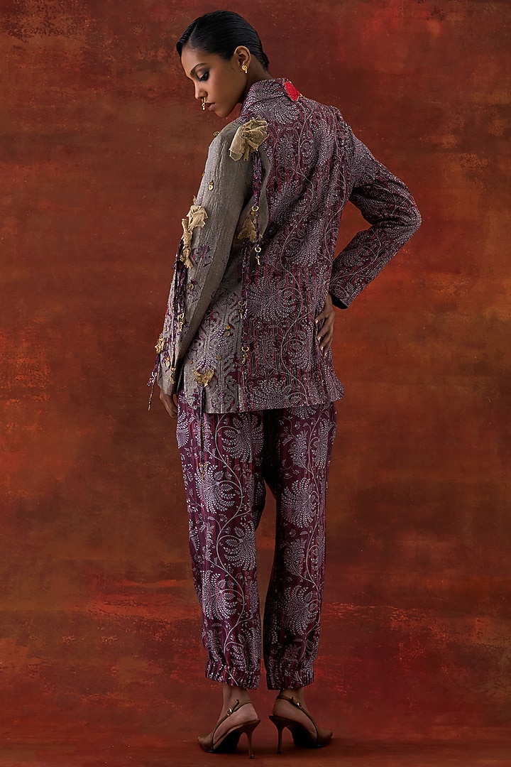 Wine Silk Chanderi Embroidered Jacket Set by Jajaabor at Pernia's Pop Up Shop
