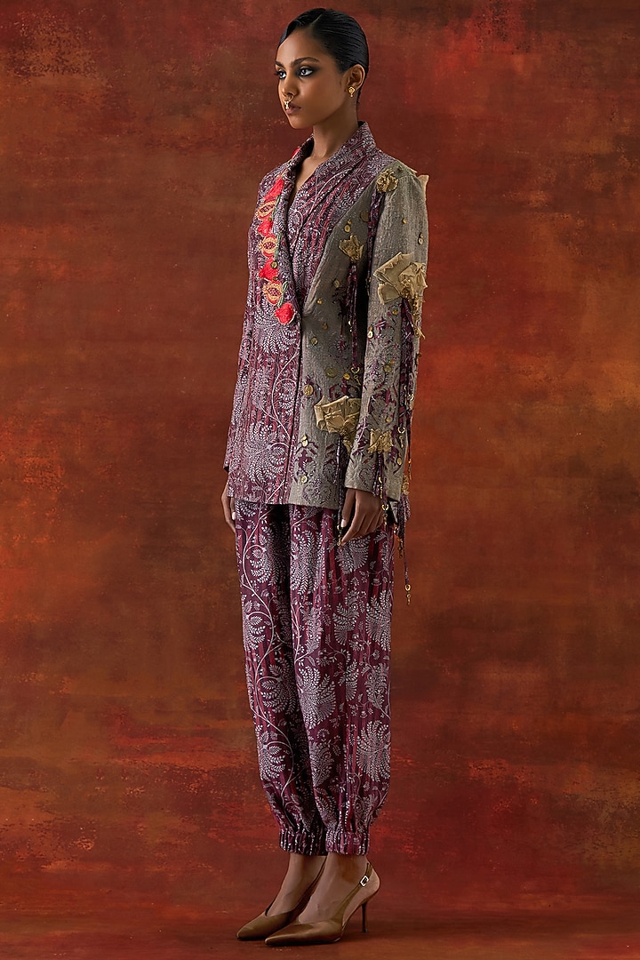 Wine Silk Chanderi Embroidered Jacket Set by Jajaabor at Pernia's Pop Up Shop