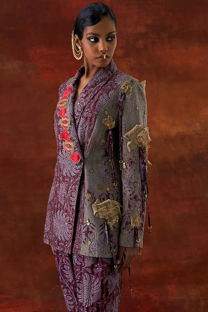 Wine Silk Chanderi Embroidered Jacket Set by Jajaabor at Pernia's Pop Up Shop