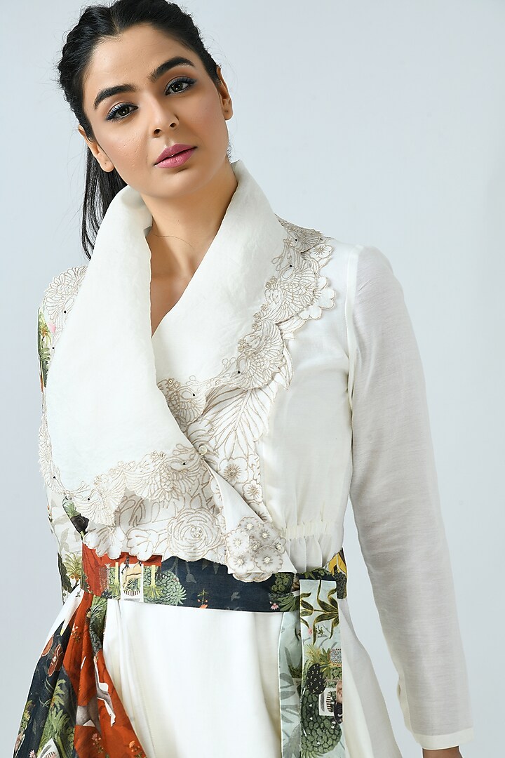 Ivory Angrakha Kurta Set With Printed Belt by Jajaabor at Pernia's Pop Up Shop