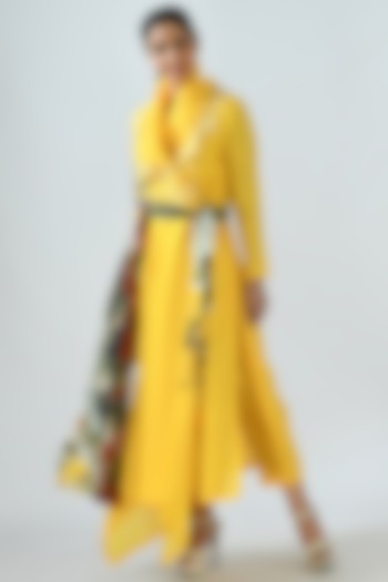 Canary Yellow Angrakha Kurta Set With Printed Belt by Jajaabor