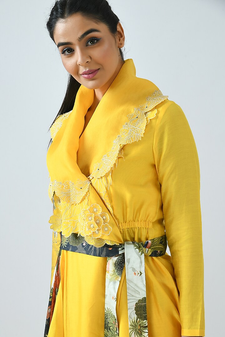 Canary Yellow Angrakha Kurta Set With Printed Belt by Jajaabor at Pernia's Pop Up Shop