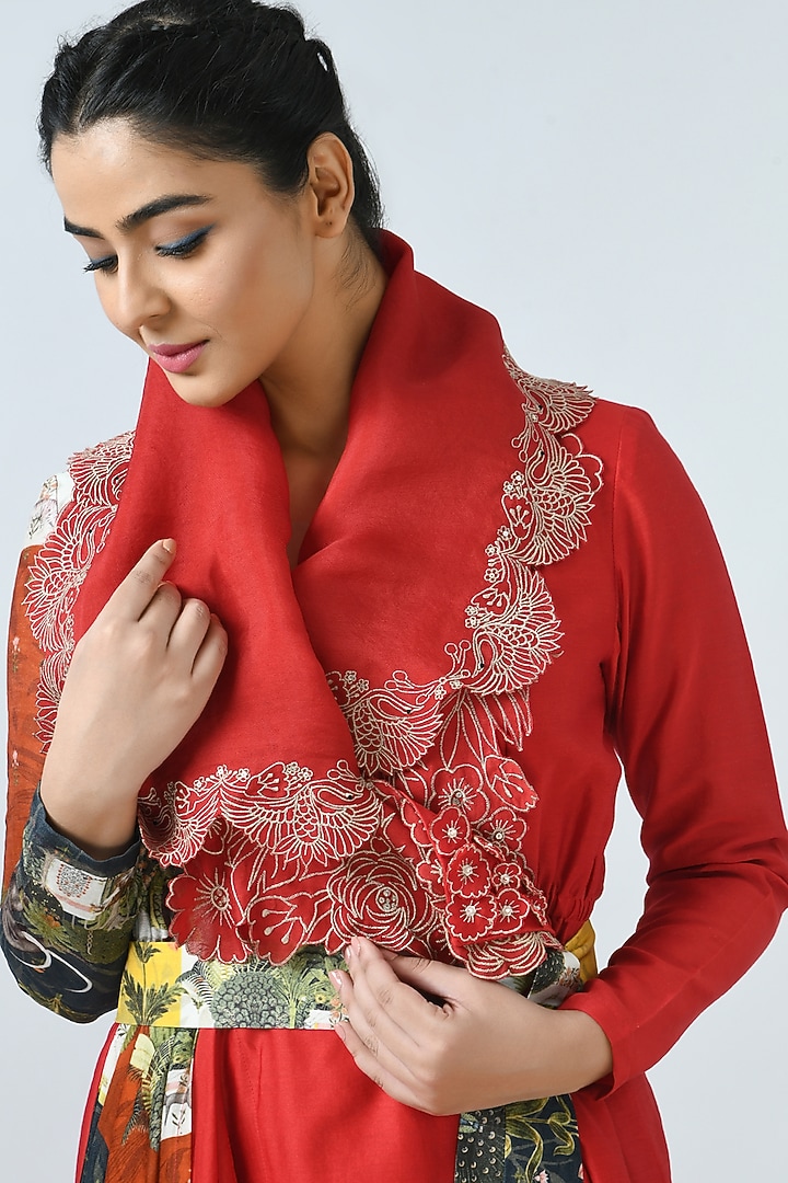 Red Angrakha Kurta Set With Printed Belt by Jajaabor at Pernia's Pop Up Shop