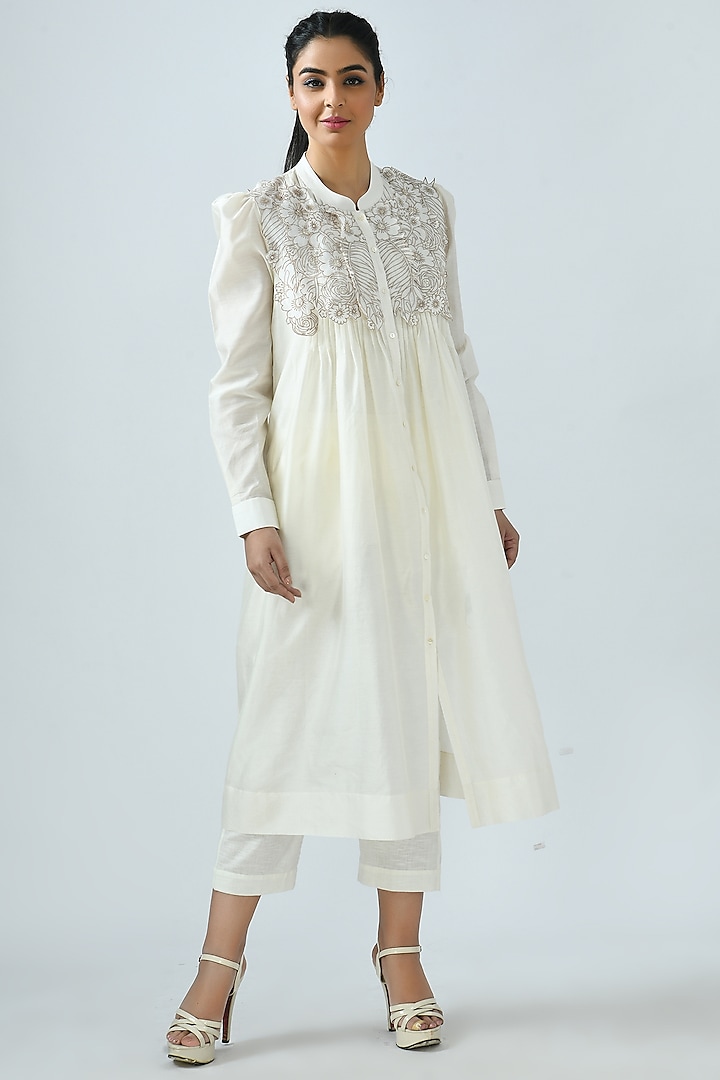 Ivory Pleated Shirt Kurta Set by Jajaabor
