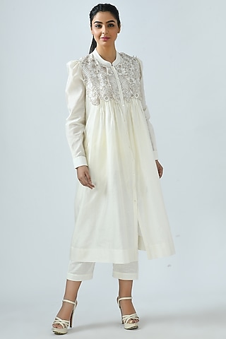 Ivory Pleated Shirt Kurta Set by Jajaabor