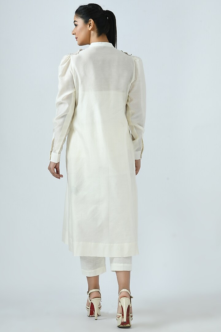 Ivory Pleated Shirt Kurta Set by Jajaabor at Pernia's Pop Up Shop