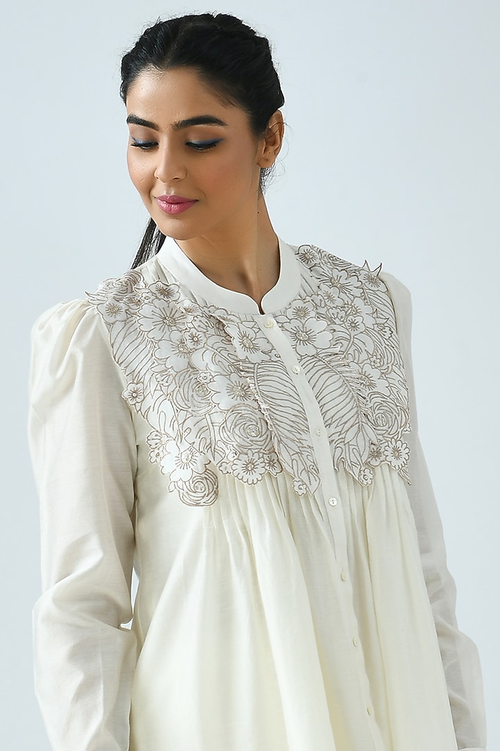 Ivory Pleated Shirt Kurta Set by Jajaabor at Pernia's Pop Up Shop
