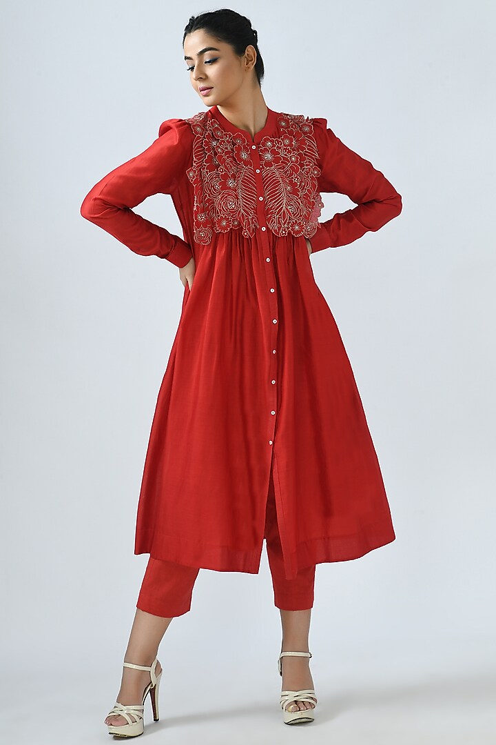 Red Pleated Shirt Kurta Set by Jajaabor