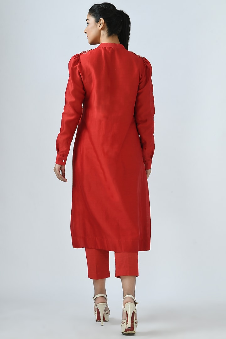 Red Pleated Shirt Kurta Set by Jajaabor at Pernia's Pop Up Shop