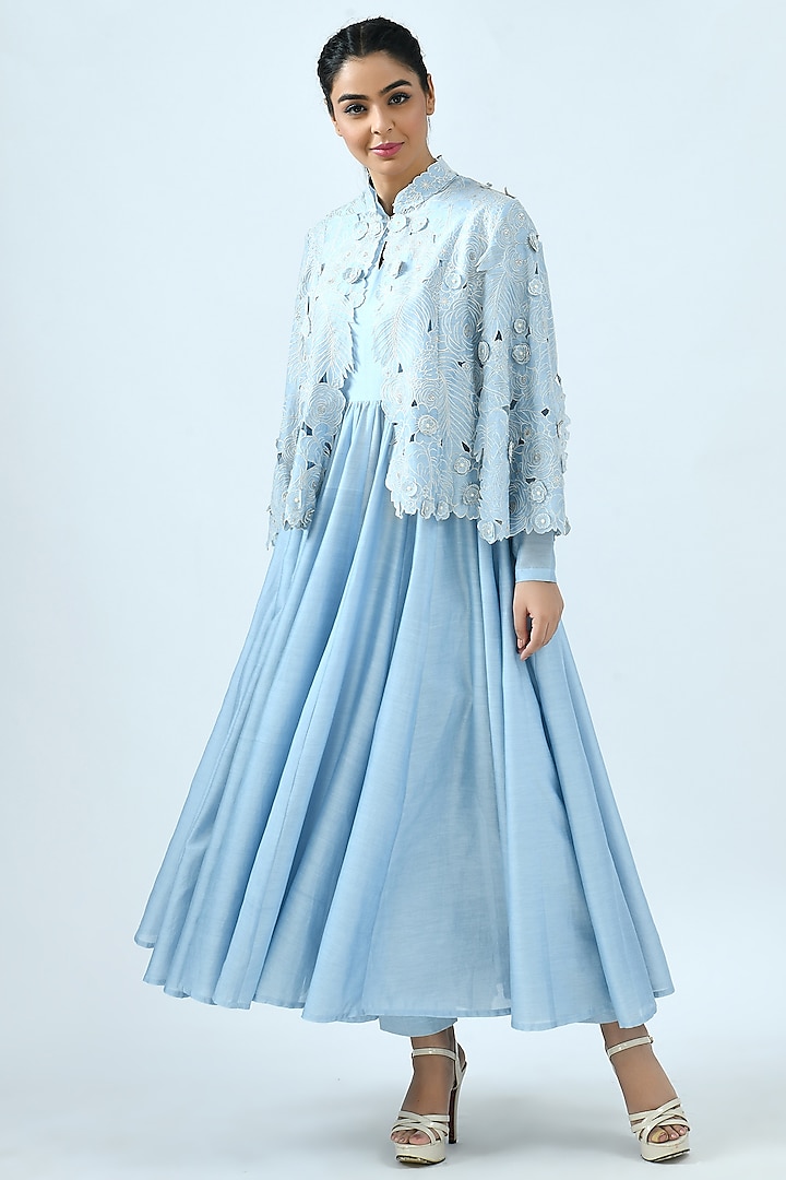 Sky Blue Anarkali Set With Embroidered Jacket by Jajaabor