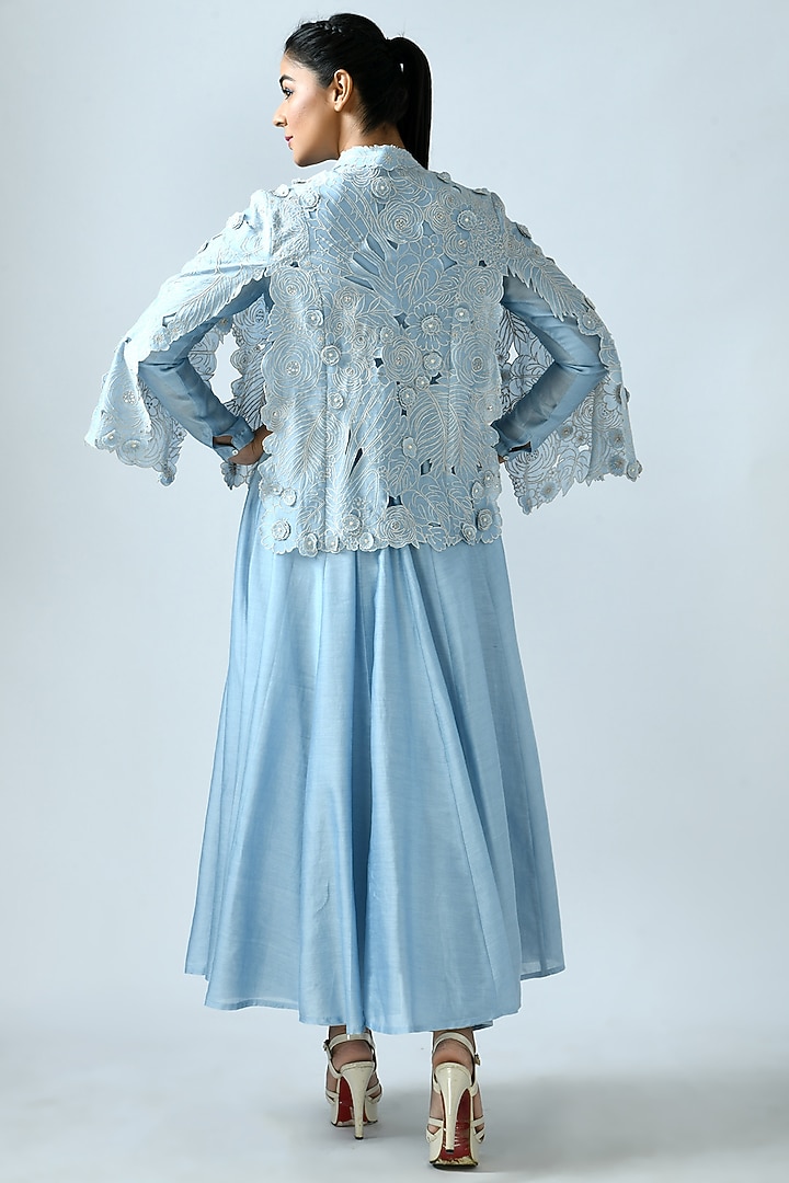 Sky Blue Wedding Anarkali Set With Embroidered Jacket by Jajaabor at Pernia's Pop Up Shop