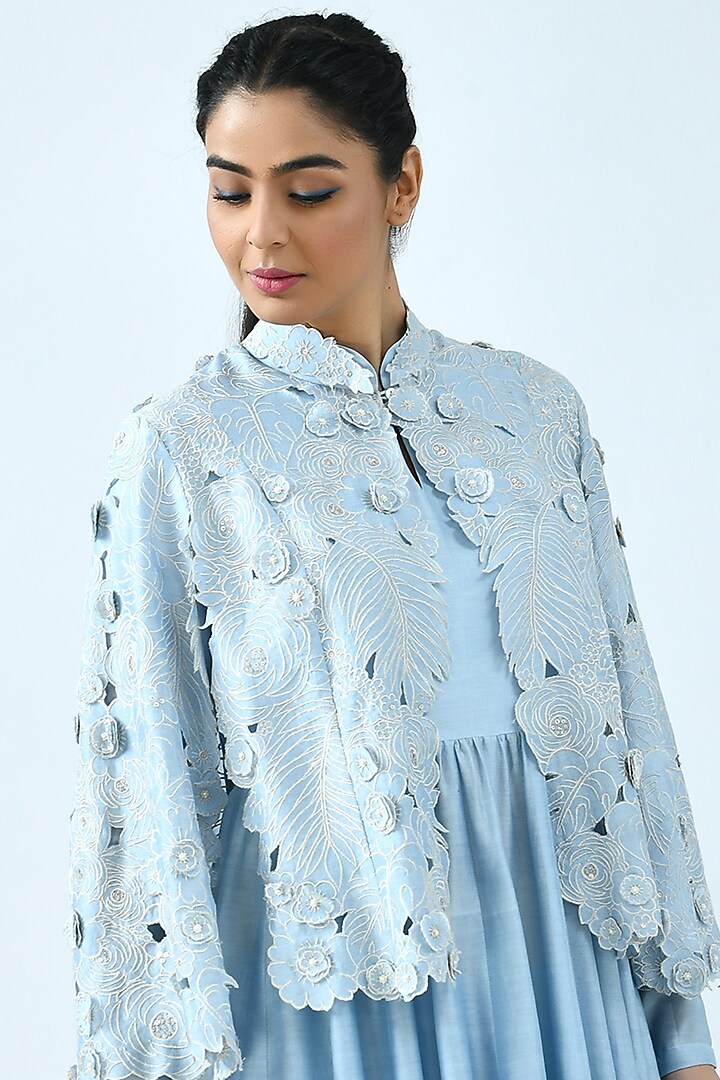 Sky Blue Wedding Anarkali Set With Embroidered Jacket by Jajaabor at Pernia's Pop Up Shop