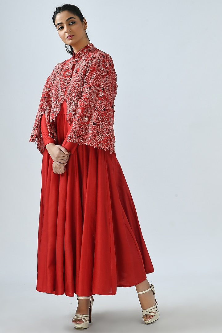 Red Anarkali Set With Embroidered Jacket by Jajaabor