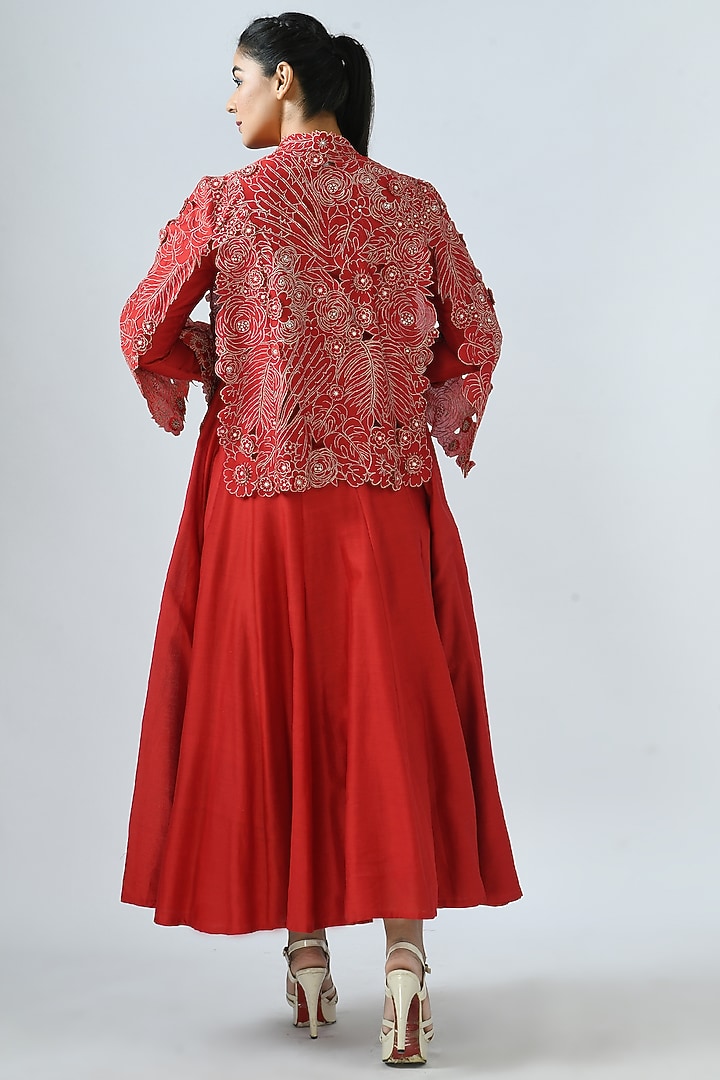 Red Wedding Anarkali Set With Embroidered Jacket by Jajaabor at Pernia's Pop Up Shop