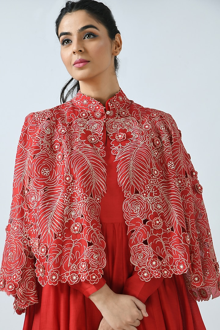Red Wedding Anarkali Set With Embroidered Jacket by Jajaabor at Pernia's Pop Up Shop