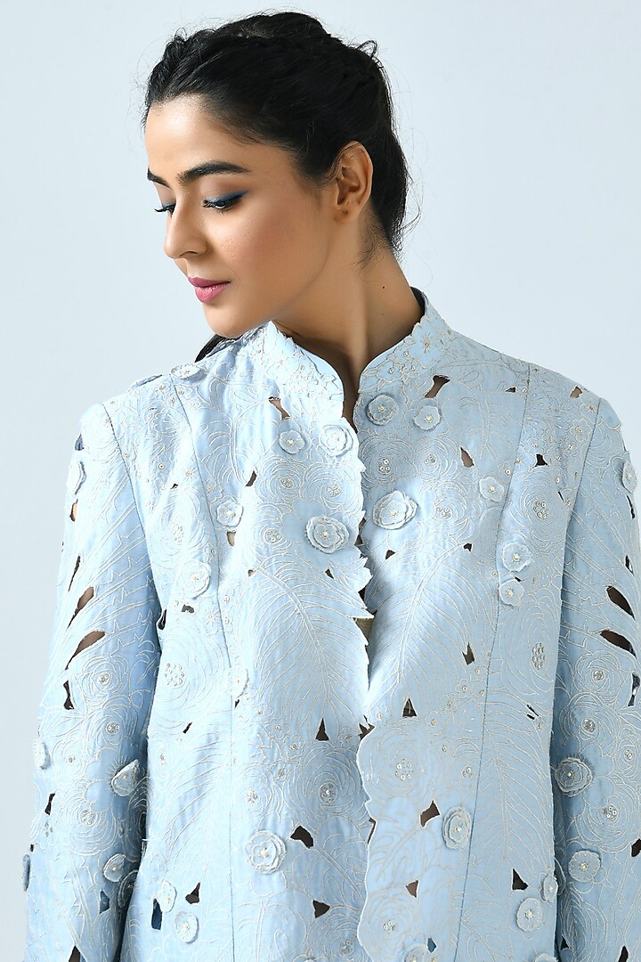 Sky Blue Embroidered Jacket by Jajaabor at Pernia's Pop Up Shop