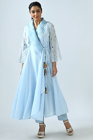 Sky Blue Angrakha Kurta Set by Jajaabor