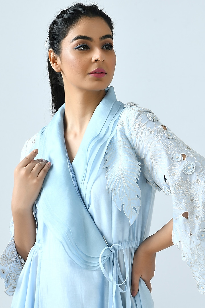 Sky Blue Angrakha Kurta Set by Jajaabor at Pernia's Pop Up Shop