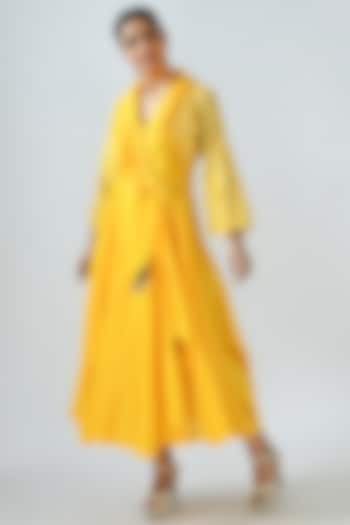 Canary Yellow Angrakha Kurta Set by Jajaabor