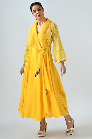 Canary Yellow Angrakha Kurta Set by Jajaabor