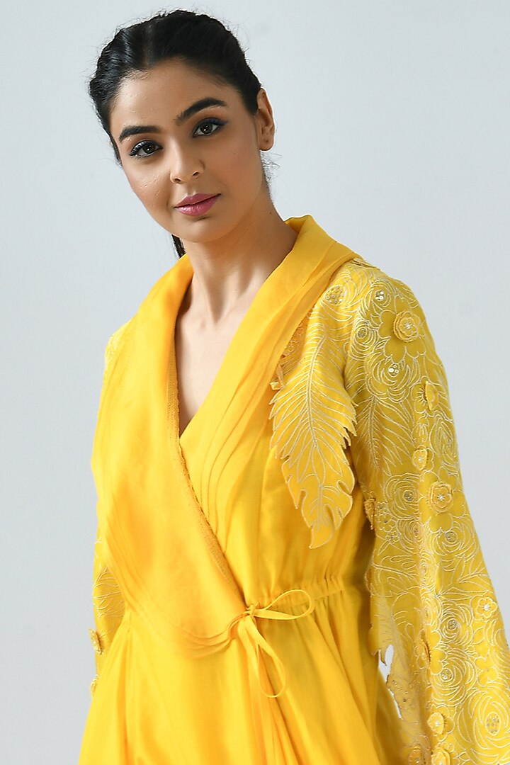 Canary Yellow Angrakha Kurta Set by Jajaabor at Pernia's Pop Up Shop