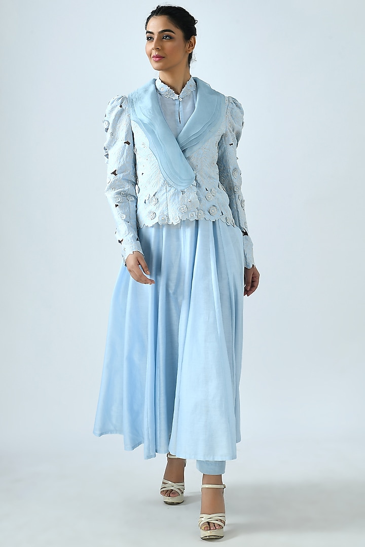 Sky Blue Embroidered Layered Jacket by Jajaabor