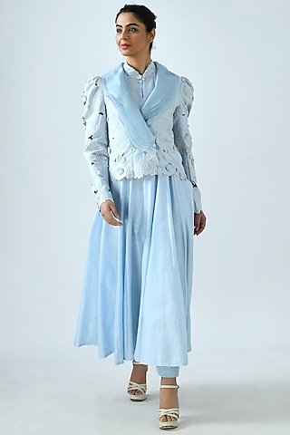 Sky Blue Embroidered Layered Jacket by Jajaabor