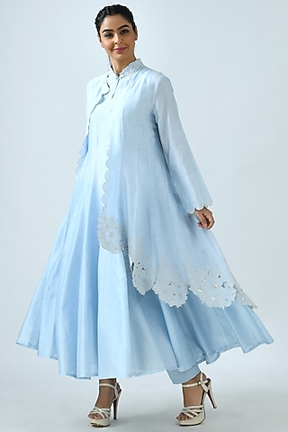 Sky Blue Asymmetrical Kalidar Jacket Set by Jajaabor