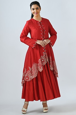 Red Asymmetrical Kalidar Jacket Set by Jajaabor