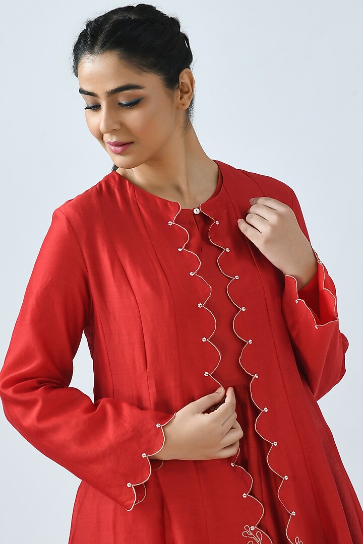 Red Asymmetrical Kalidar Jacket Set by Jajaabor at Pernia's Pop Up Shop