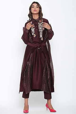 Marsala Kaftan Shirt With Pants by Jajaabor