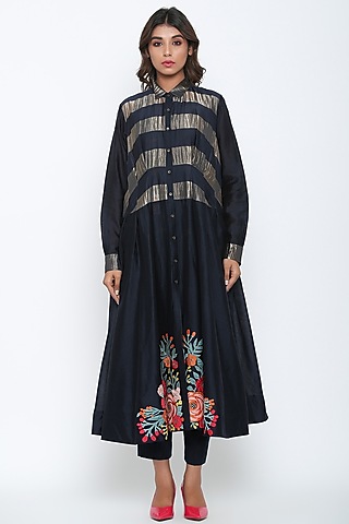 Indigo Blue Kurta With Printed Slip & Pants by Jajaabor