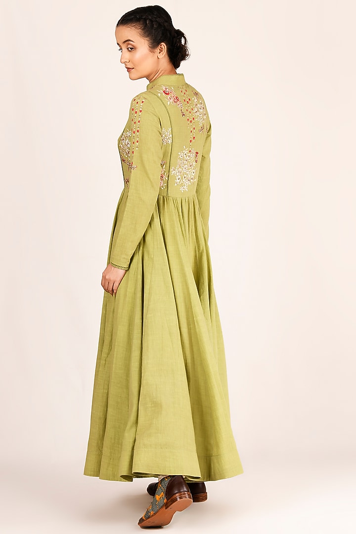 Mehendi Green Embroidered Party Wear Anarkali Kurta by Jajaabor at Pernia's Pop Up Shop
