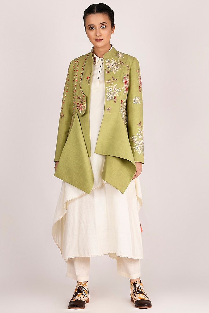 Mehendi Green Embroidered Jacket by Jajaabor