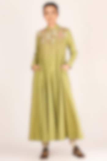 Mehendi Green Embroidered Kalidar Kurta by Jajaabor at Pernia's Pop Up Shop