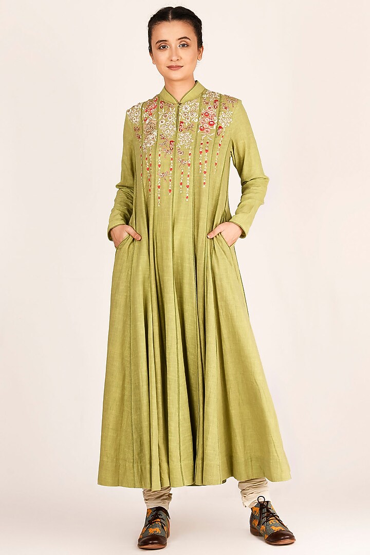Mehendi Green Embroidered Kalidar Kurta by Jajaabor at Pernia's Pop Up Shop