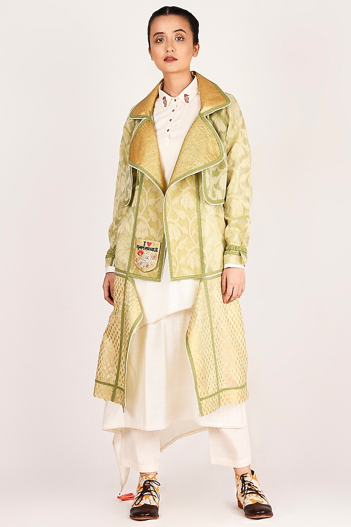 Mehendi Green Embroidered Trench Coat by Jajaabor