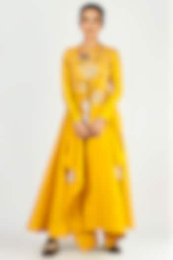 Mustard Embroidered Angrakha With Pants by Jajaabor at Pernia's Pop Up Shop