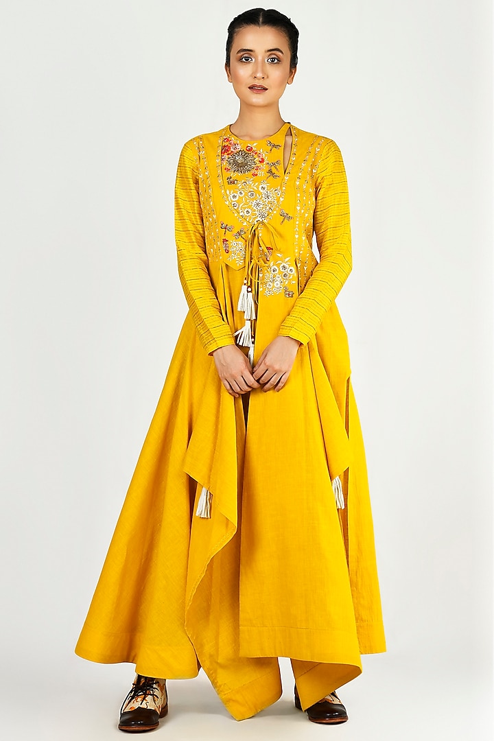 Mustard Embroidered Angrakha With Pants by Jajaabor at Pernia's Pop Up Shop