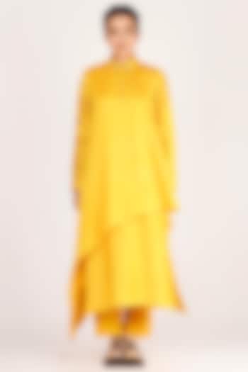 Mustard Double Draped & Embroidered Kurta Shirt With Pants by Jajaabor